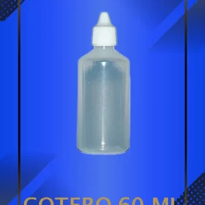 Gotero de 60 ml color Natural con tapa blanca con leyenda escrita en fondo azul