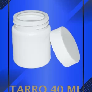 Envase 40 ml tipo Tarro color Blanco con tapa blanca con leyenda escrita en fondo azul