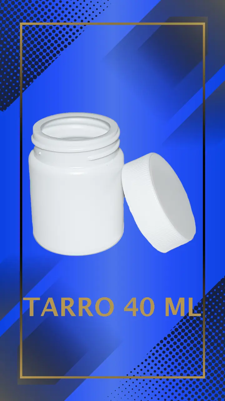 Envase 40 ml tipo Tarro color Blanco con tapa blanca con leyenda escrita en fondo azul