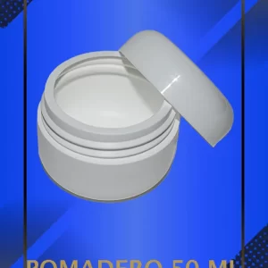 Envase 50 ml tipo Pomadero color Blanco con tapa blanca con leyenda escrita en fondo azul