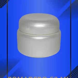 Envase 60 ml tipo Pomadero color Perla con tapa blanca con leyenda escrita en fondo azul
