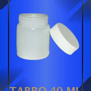 Envase 40 ml tipo Tarro color Natural con tapa blanca con leyenda escrita en fondo azul
