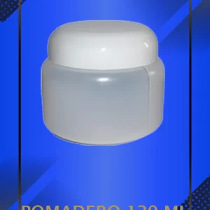 Envase 120 ml tipo Pomadero color Natural con tapa blanca con leyenda escrita en fondo azul