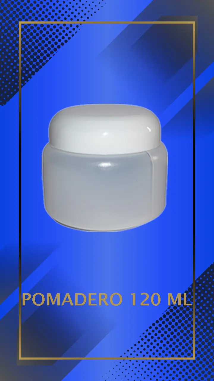 Envase 120 ml tipo Pomadero color Natural con tapa blanca con leyenda escrita en fondo azul