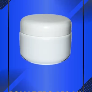 Envase 150 ml tipo Pomadero color Blanco con tapa blanca con leyenda escrita en fondo azul