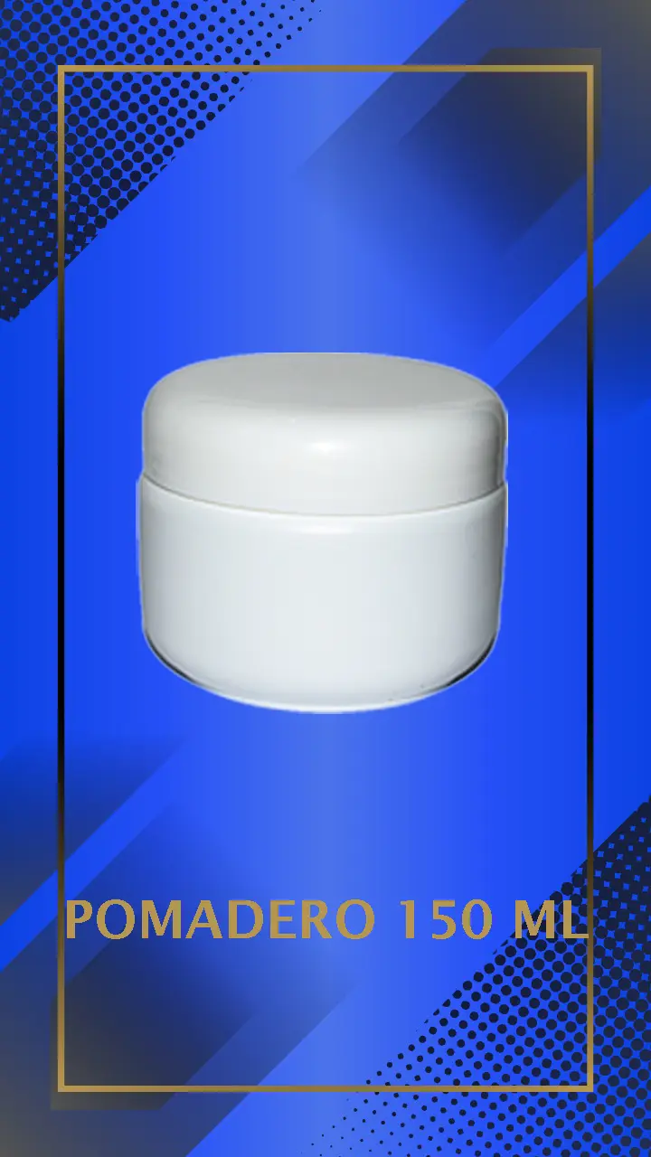 Envase 150 ml tipo Pomadero color Blanco con tapa blanca con leyenda escrita en fondo azul