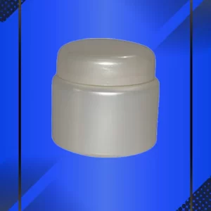 Envase 150 ml tipo Pomadero color Perla con tapa blanca con leyenda escrita en fondo azul