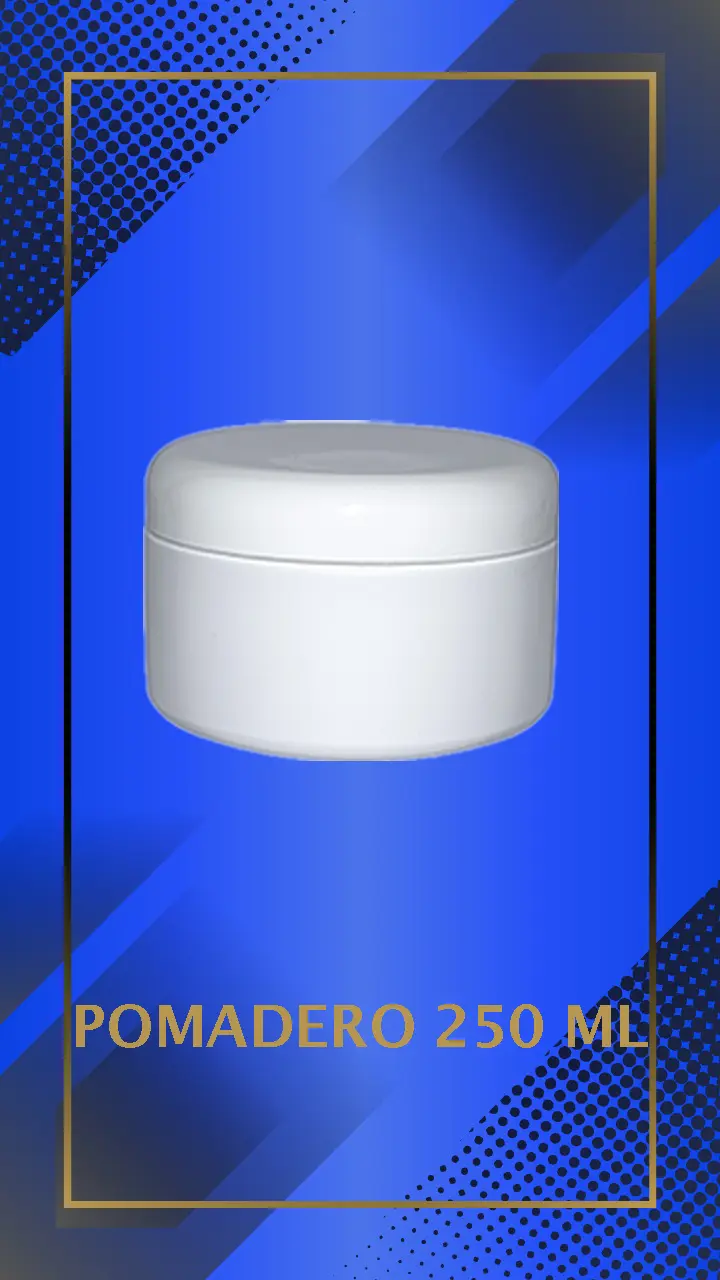 Envase 250 ml tipo Pomadero color Blanco con tapa blanca con leyenda escrita en fondo azul