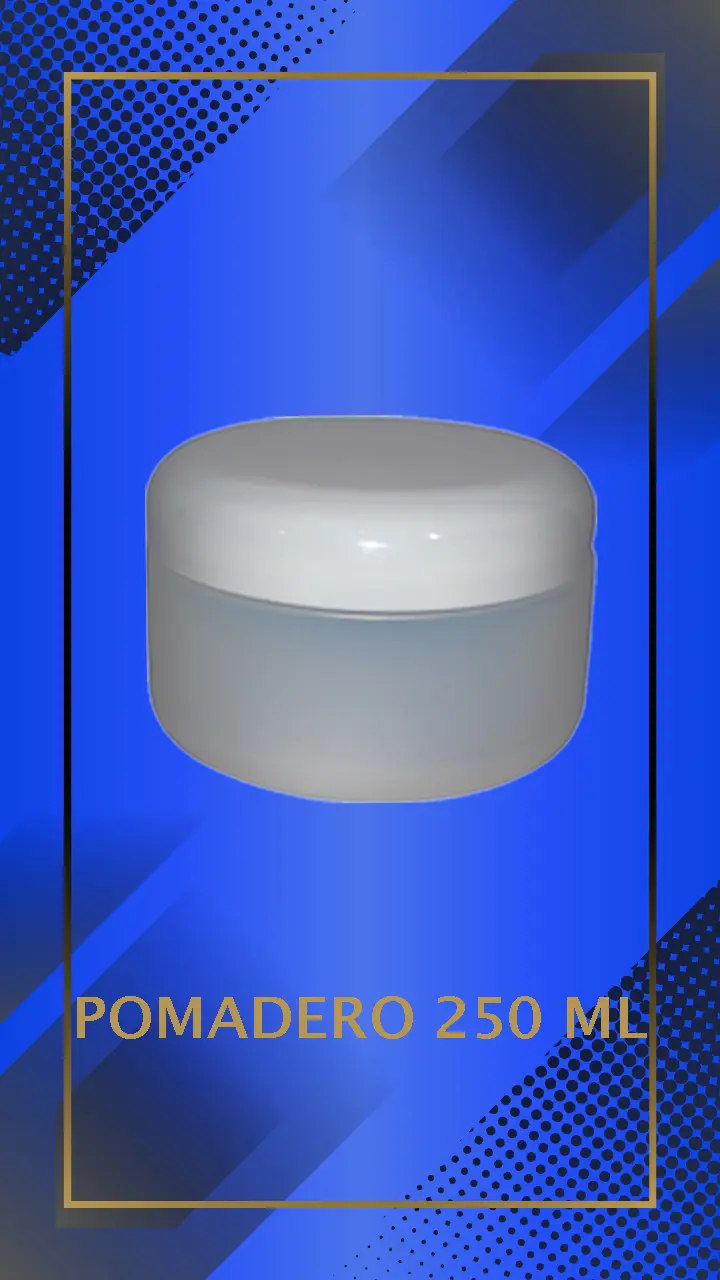 Envase 250 ml tipo Pomadero color Natural con tapa blanca con leyenda escrita en fondo azul