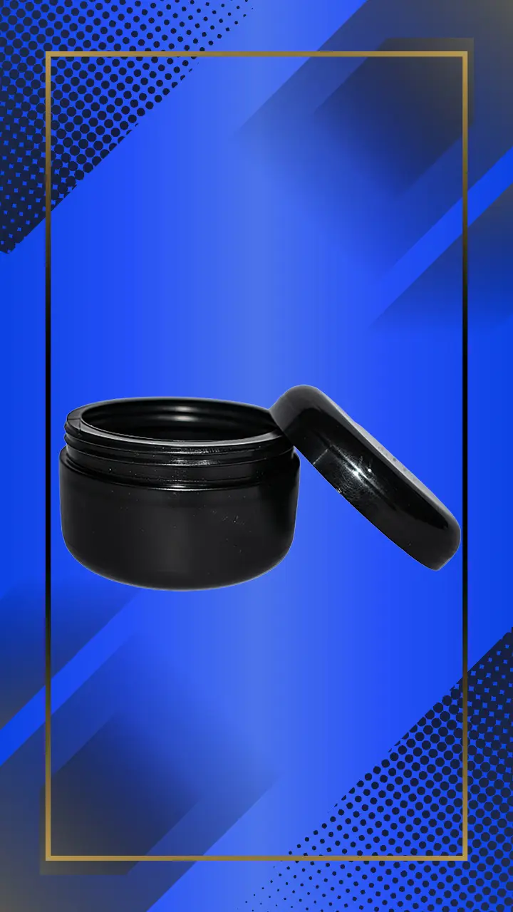 Envase 250 ml tipo Pomadero color Negro con tapa a la vista en fondo azul