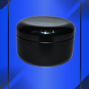 Envase 250 ml tipo Pomadero color Negro con tapa Negro con leyenda escrita en fondo azul