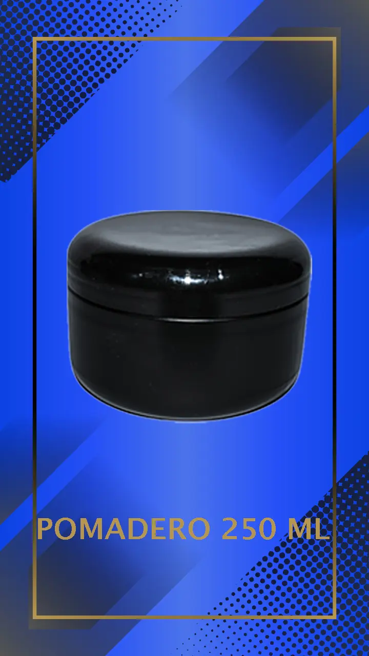 Envase 250 ml tipo Pomadero color Negro con tapa Negro con leyenda escrita en fondo azul