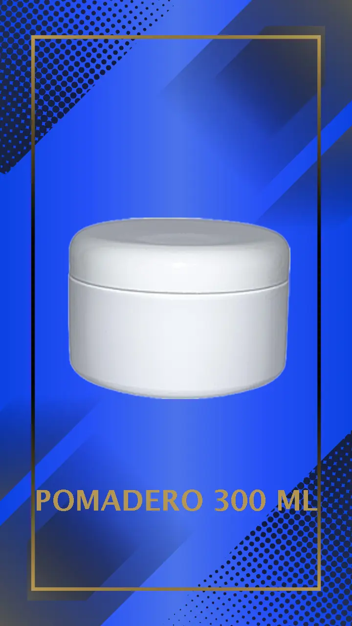 Envase 300 ml tipo Pomadero color Blanco con tapa blanca con leyenda escrita en fondo azul