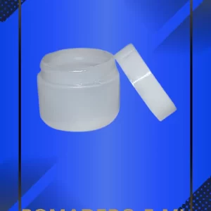 Envase 5 ml tipo Pomadero color Natural con tapa blanca con leyenda escrita en fondo azul