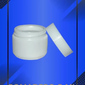 Envase 5 ml tipo Pomadero color Blanco con tapa blanca con leyenda escrita en fondo azul