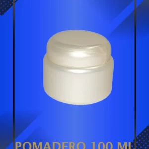 Envase 100 ml tipo Pomadero color Perla con tapa blanca con leyenda escrita en fondo azul