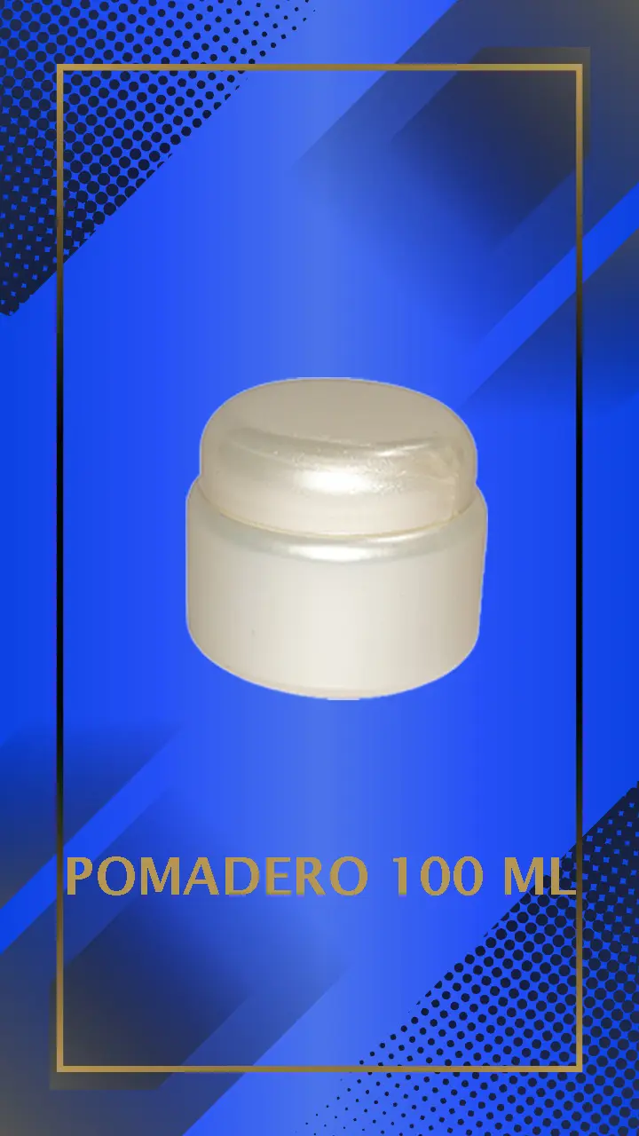 Envase 100 ml tipo Pomadero color Perla con tapa blanca con leyenda escrita en fondo azul
