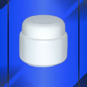 Envase 120 ml tipo Pomadero color Blanco con tapa blanca con leyenda escrita en fondo azul