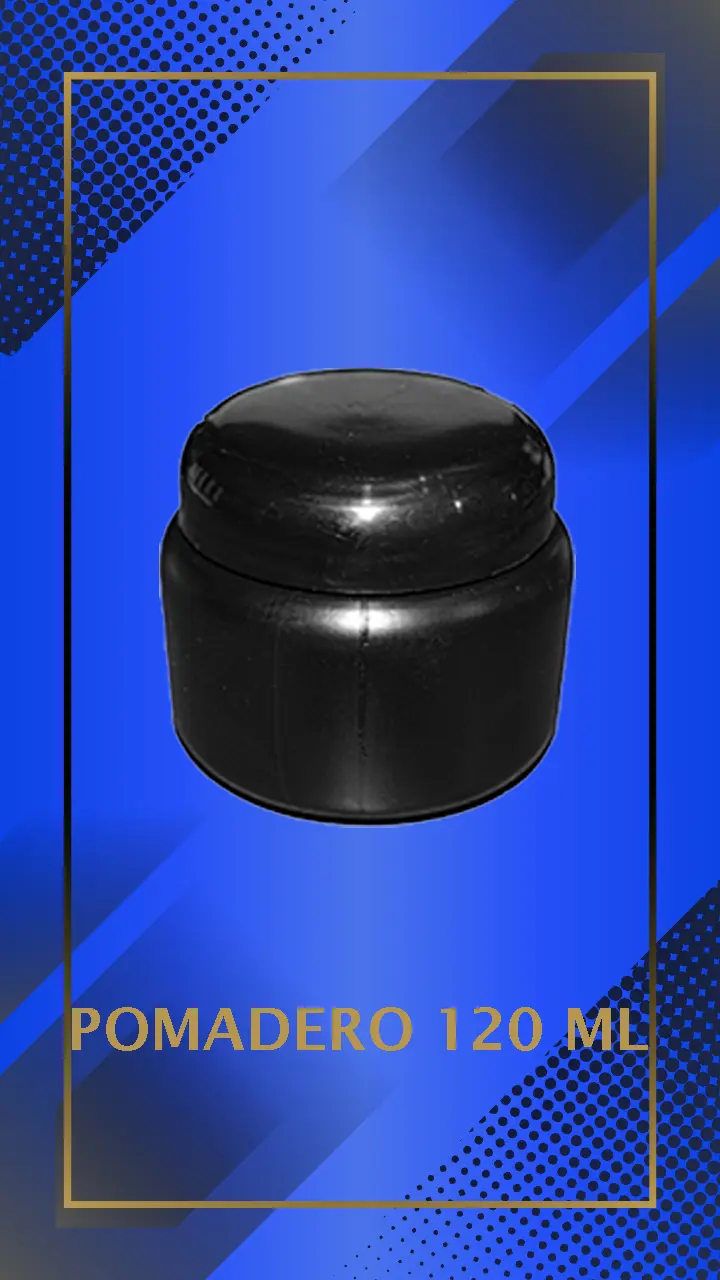 Envase 120 ml tipo Pomadero color Negro con tapa Negra con leyenda escrita en fondo azul