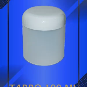 Envase 100 ml tipo Tarro color Natural con tapa blanca Domo con leyenda escrita en fondo azul