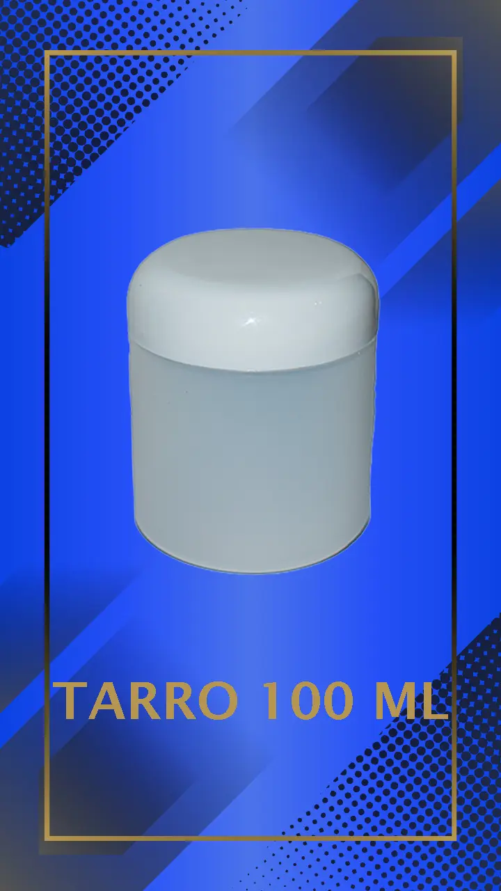Envase 100 ml tipo Tarro color Natural con tapa blanca Domo con leyenda escrita en fondo azul