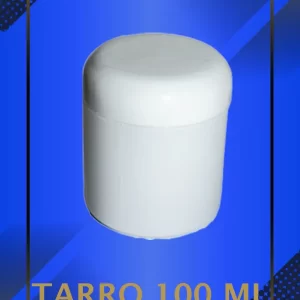 Envase 100 ml tipo Tarro color Blanco con tapa blanca Domo con leyenda escrita en fondo azul