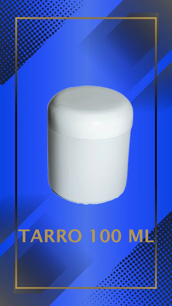 Envase 100 ml tipo Tarro color Blanco con tapa blanca Domo con leyenda escrita en fondo azul