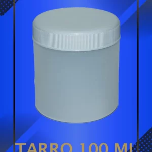 Envase 100 ml tipo Tarro color Natural con tapa blanca con leyenda escrita en fondo azul
