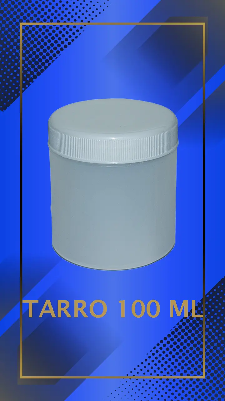 Envase 100 ml tipo Tarro color Natural con tapa blanca con leyenda escrita en fondo azul