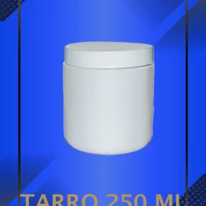 Envase 250 ml tipo Tarro color Blanco con tapa blanca con leyenda escrita en fondo azul