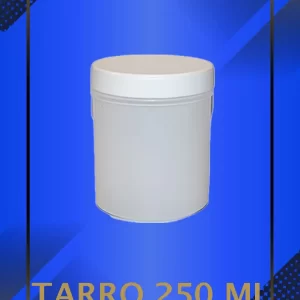 Envase 250 ml tipo Tarro color Natural con tapa blanca con leyenda escrita en fondo azul