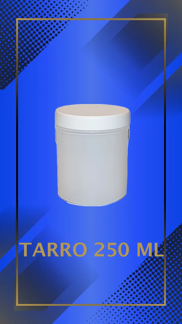 Envase 250 ml tipo Tarro color Natural con tapa blanca con leyenda escrita en fondo azul