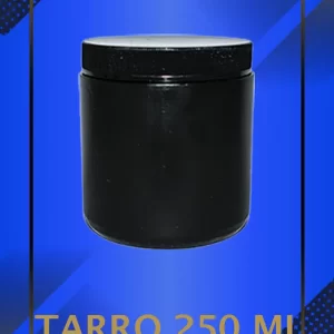 Envase 250 ml tipo Tarro color Negro con tapa Negro con leyenda escrita en fondo azul