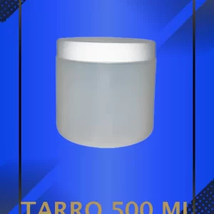 Envase 500 ml tipo Tarro color Natural con tapa blanca con leyenda escrita en fondo azul