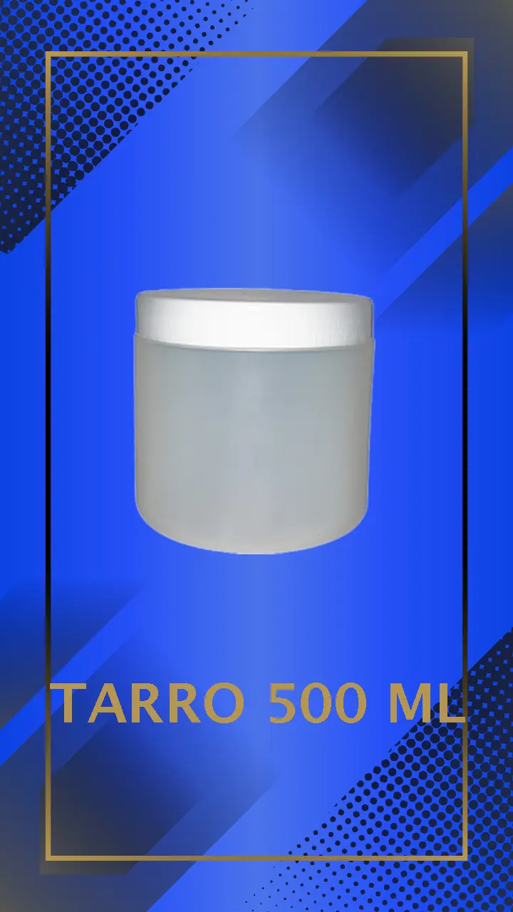 Envase 500 ml tipo Tarro color Natural con tapa blanca con leyenda escrita en fondo azul