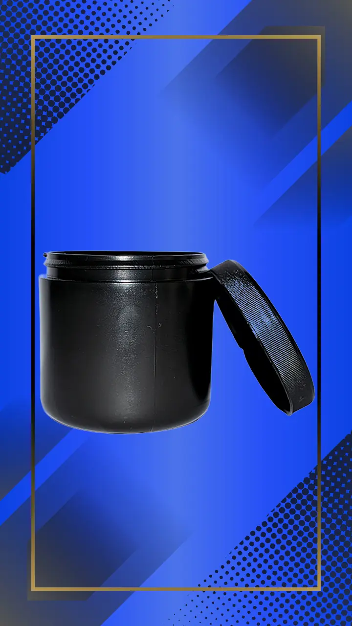 Envase 500 ml tipo Tarro color Negro con tapa a la vista en fondo azul
