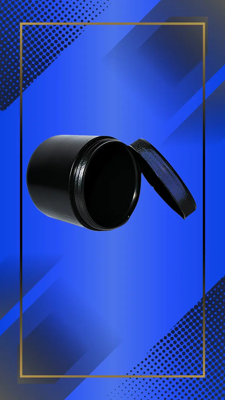 Envase 500 ml tipo Tarro color Negro con tapa a la vista acostada en fondo azul