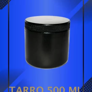 Envase 500 ml tipo Tarro color Negro con tapa Negra con leyenda escrita en fondo azul
