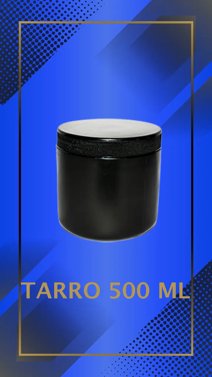 Envase 500 ml tipo Tarro color Negro con tapa Negra con leyenda escrita en fondo azul