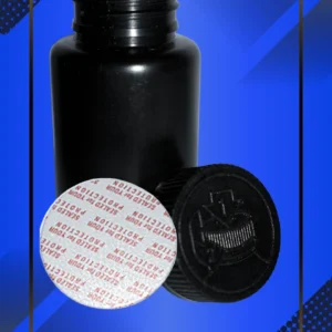 Envase 150 ml tipo Pastillero color Negro con tapa blanca con leyenda escrita en fondo azul