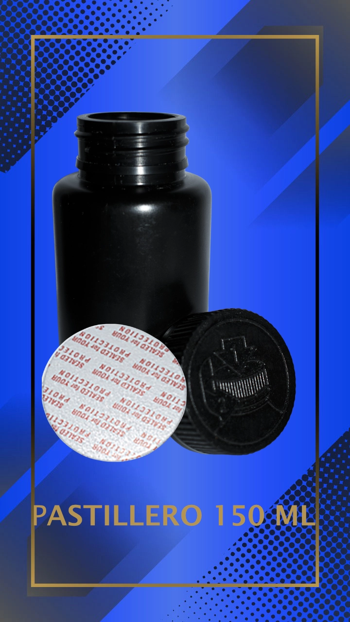Envase 150 ml tipo Pastillero color Negro con tapa blanca con leyenda escrita en fondo azul